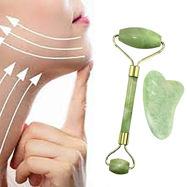 Natural Jade Roller Guasha Skin Scraper Facial Set  Stone Firming Face